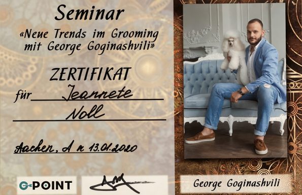 Seminarschein mit Teilnehmerdaten und Abbildung eines Mannes mit Hund.