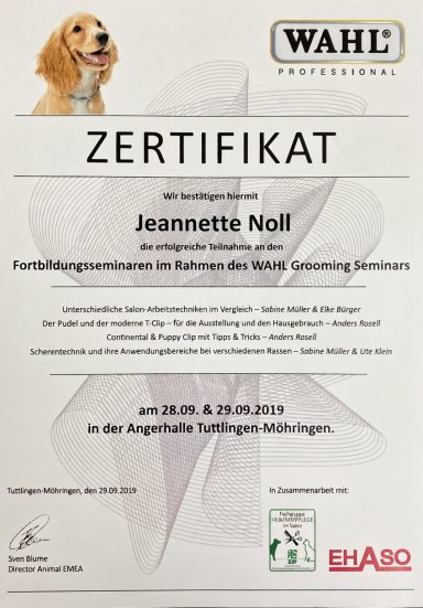 Zertifikat für Joannette Noll, Hundetraining, ausgestellt von Wahl Professionell.