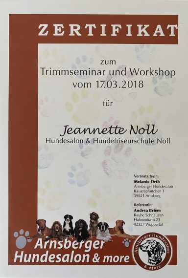 Zertifikat für Jeannette Woll, Hundetraining 2013-2014, Arnsberger Hundeschule.