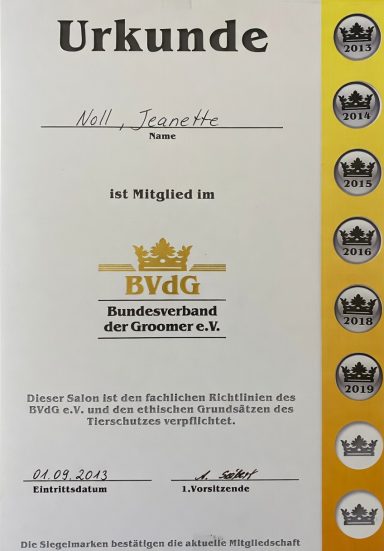 Urkunde mit dem Titel und Logo des BVGD, Platz für Name und Unterschrift.