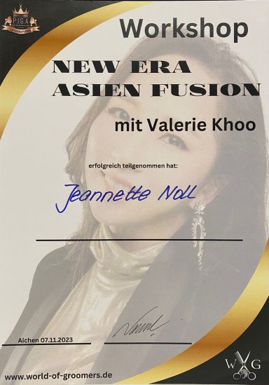 Zertifikat für den Workshop „New Era Asian Fusion“ mit Valerie Khoo, personalisiert für Jeannette.
