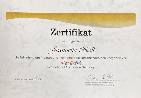 Zertifikat für Susanne Neff mit Unterschrift und offizieller Bestätigung.