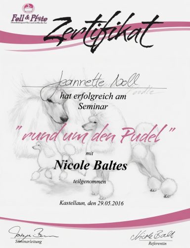 Zertifikat für Janette Bell über das Seminar "Rund um den Pudel". Datum: 15.10.2018.