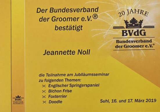 Zertifikat des Bundesverbands der Groomer e.V. für Jeannette Hejl, 30 Jahre, 2019.