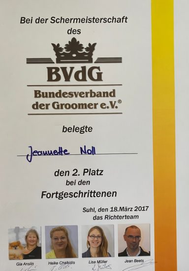 Urkunde des BVDG mit dem Namen Janneke Neel für den 2. Platz bei den Fortgeschrittenen.