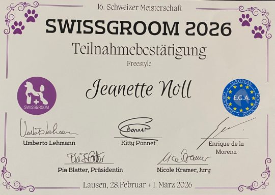 Zertifikat über die Teilnahme an Swissgroom 2026 für Jeanette Noll.