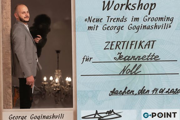 Zertifikat für Jeannette Nolz vom Workshop "New Trends in Grooming" mit George Gojanovic.
