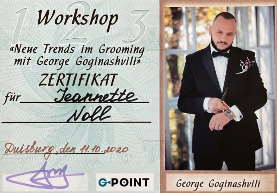 Zertifikat für Workshop mit George Götzendorf über neue Trends im Grooming.