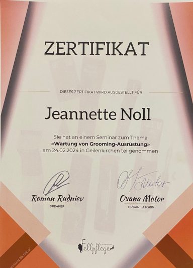Zertifikat für Jeannette Noll mit Unterschriften und Zertifizierungsdetails.