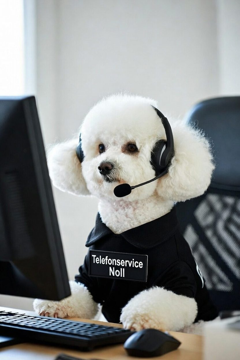 Ein Hund mit einem Headset, der als Call-Center-Agent arbeitet