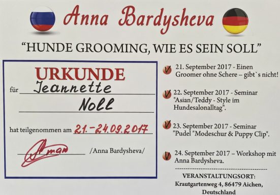 Zertifikat für Jeannette Noll mit dem Titel "Hunde Grooming, wie es sein soll".